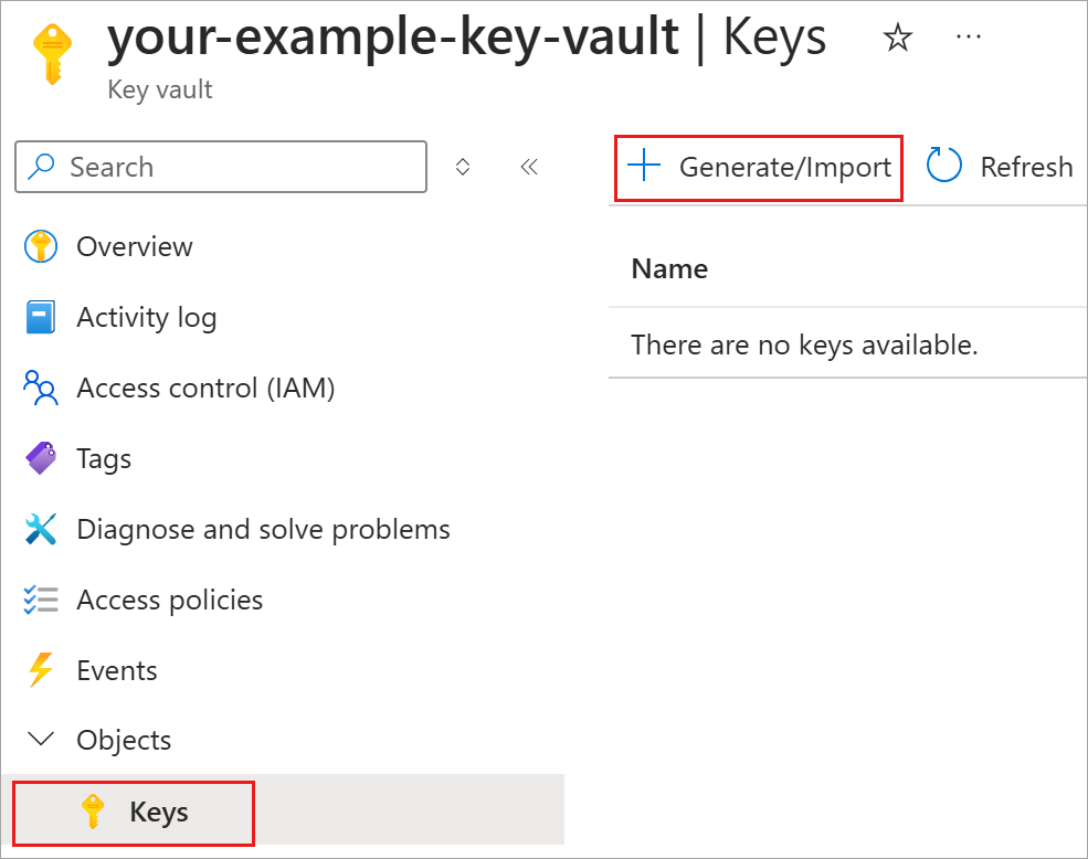 Screenshot of the Key Vault resource settings pane, shows the generate/import button inside settings.