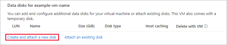 Screenshot highlighting create and attach a new disk on the disk page.