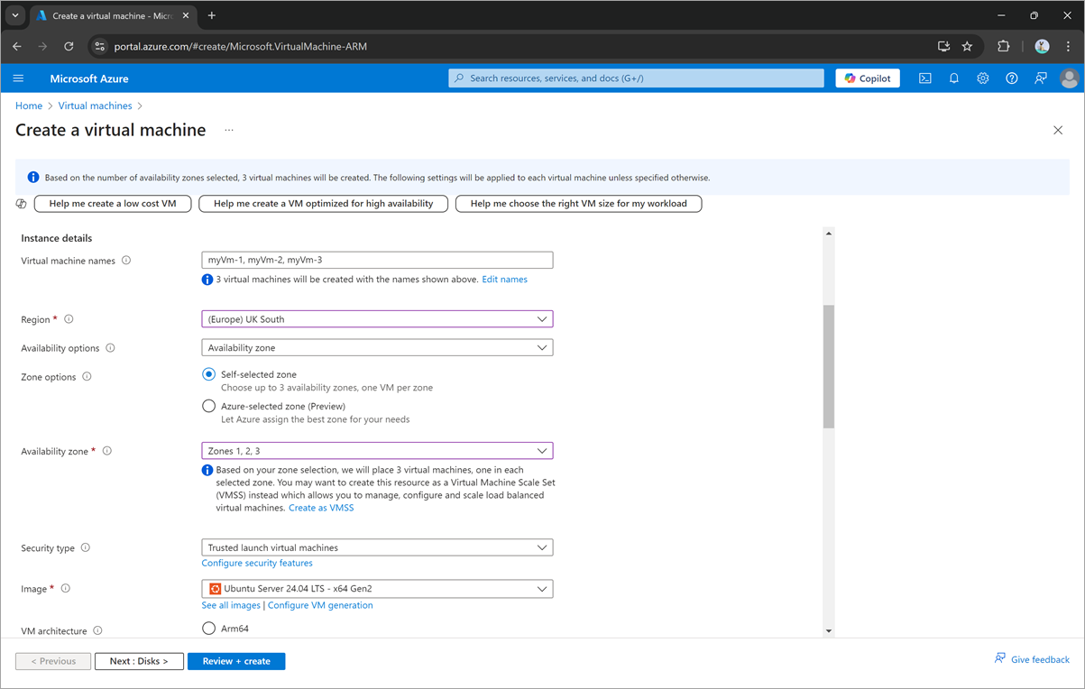 Screenshot of the basics page, region and availability options and zones highlighted.
