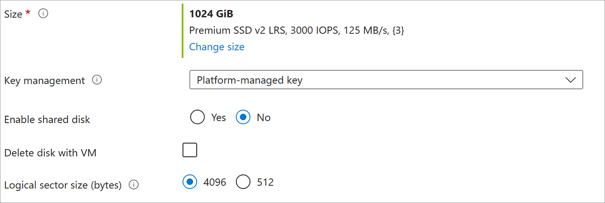 Screenshot of deployment logical sector size deployment options.