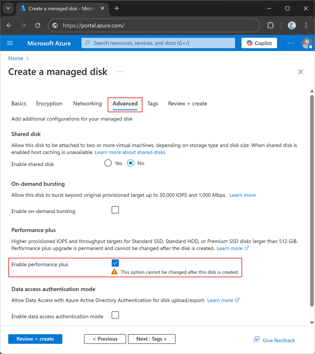 Screenshot of disks advanced page in the disk portal deployment.
