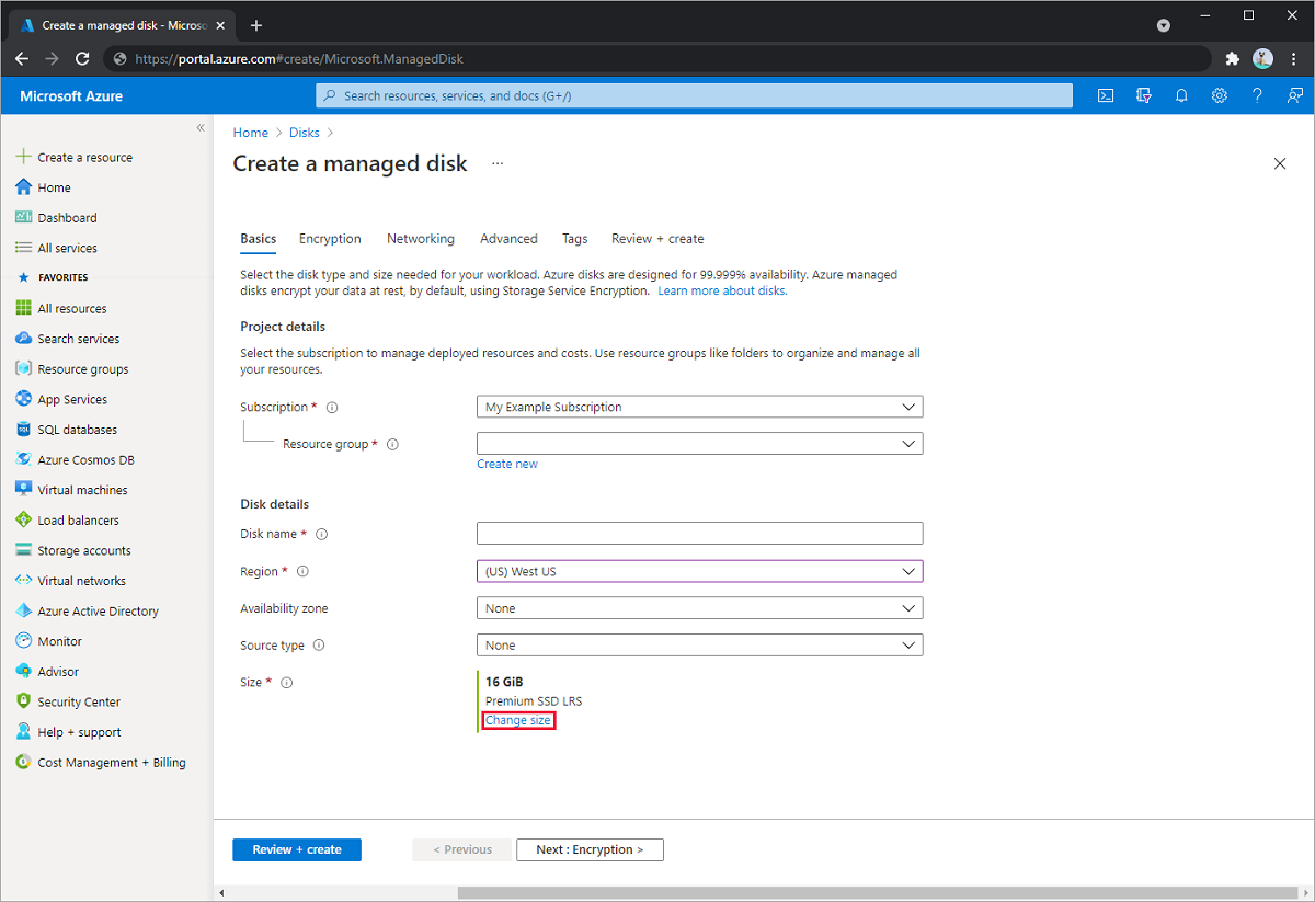 Screenshot of the create a managed disk pane, change size highlighted..