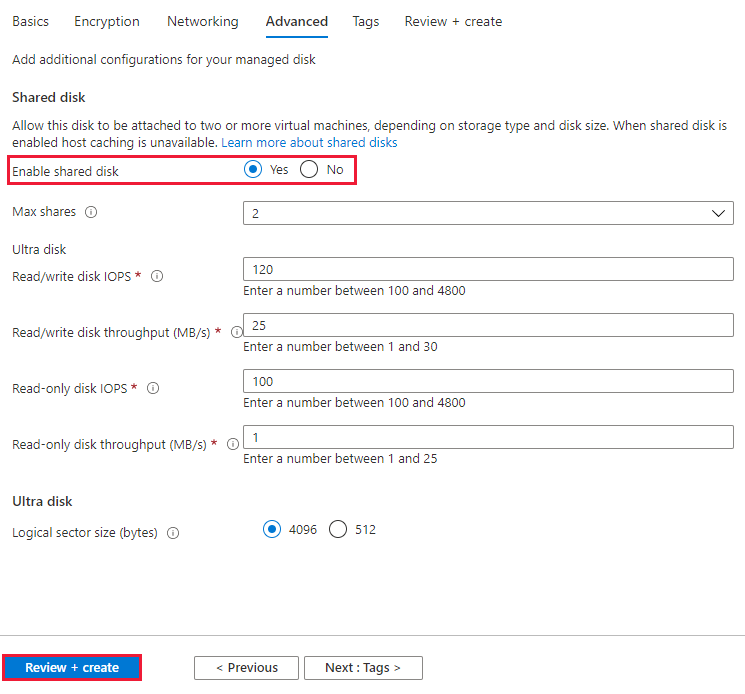 Screenshot of the Advanced pane, Enable shared disk highlighted.