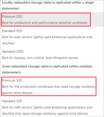 Screenshot of the disk SKU, premium LRS and ZRS SSD SKUs highlighted.