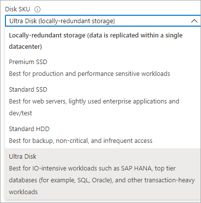 Screenshot of the disk SKU, ultra disk highlighted..