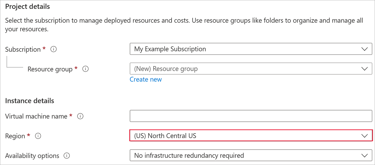 Screenshot of the VM creation experience, with the region value highlighted.