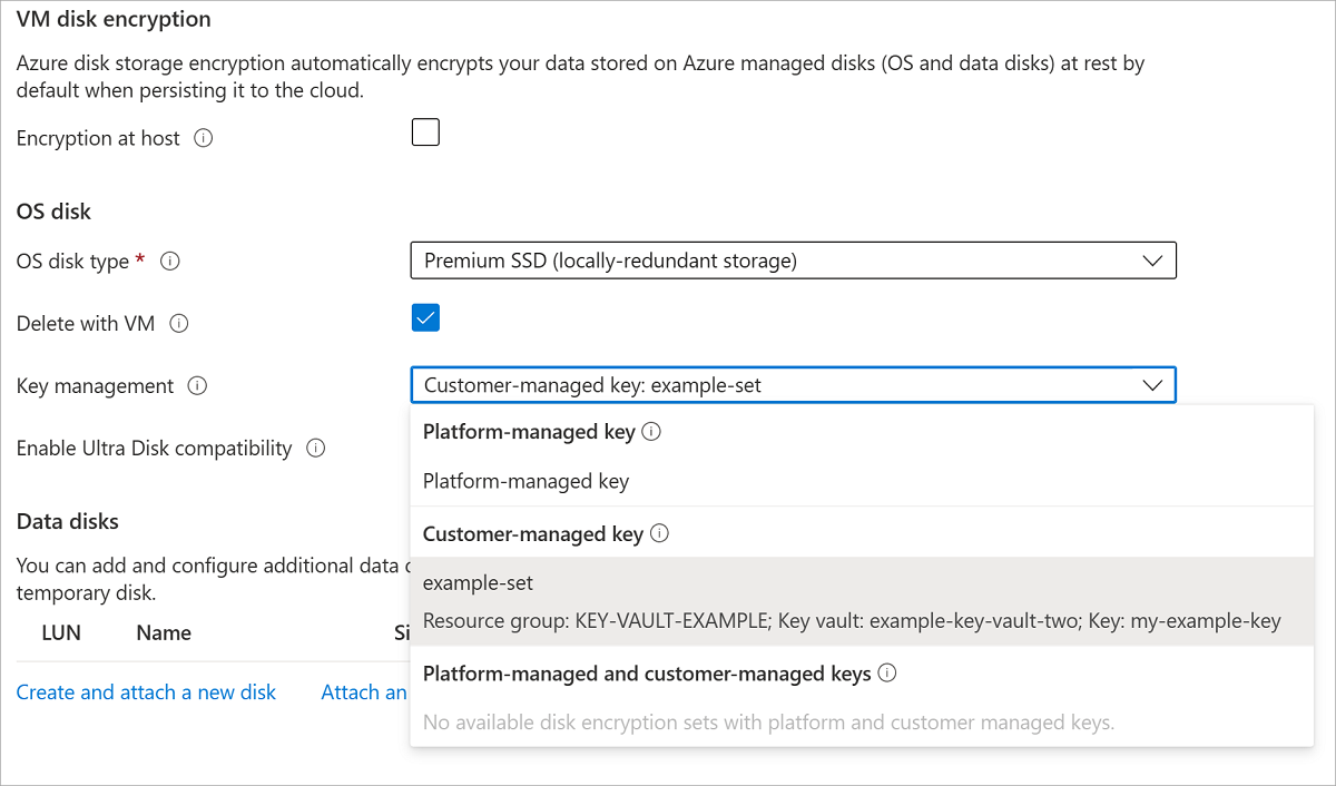 Screenshot of the VM creation experience, the disks pane, customer-managed key selected.
