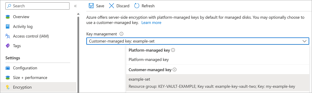 Screenshot of your example OS disk, the encryption pane is open, encryption at rest with a customer-managed key is selected, as well as your example Azure Key Vault.