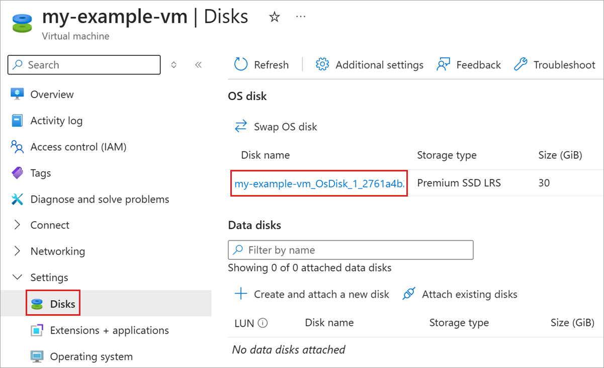 Screenshot of your example VM, with the Disks pane open, the OS disk is highlighted, as an example disk for you to select.