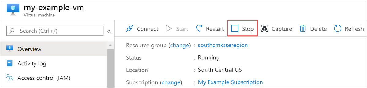 Screenshot of the main overlay for your example VM, with the Stop button highlighted.