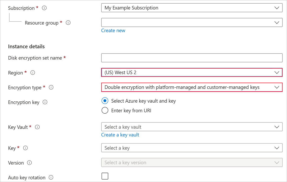 Screenshot of the disk encryption set creation blade, regions and double encryption with platform-managed and customer-managed keys are highlighted.