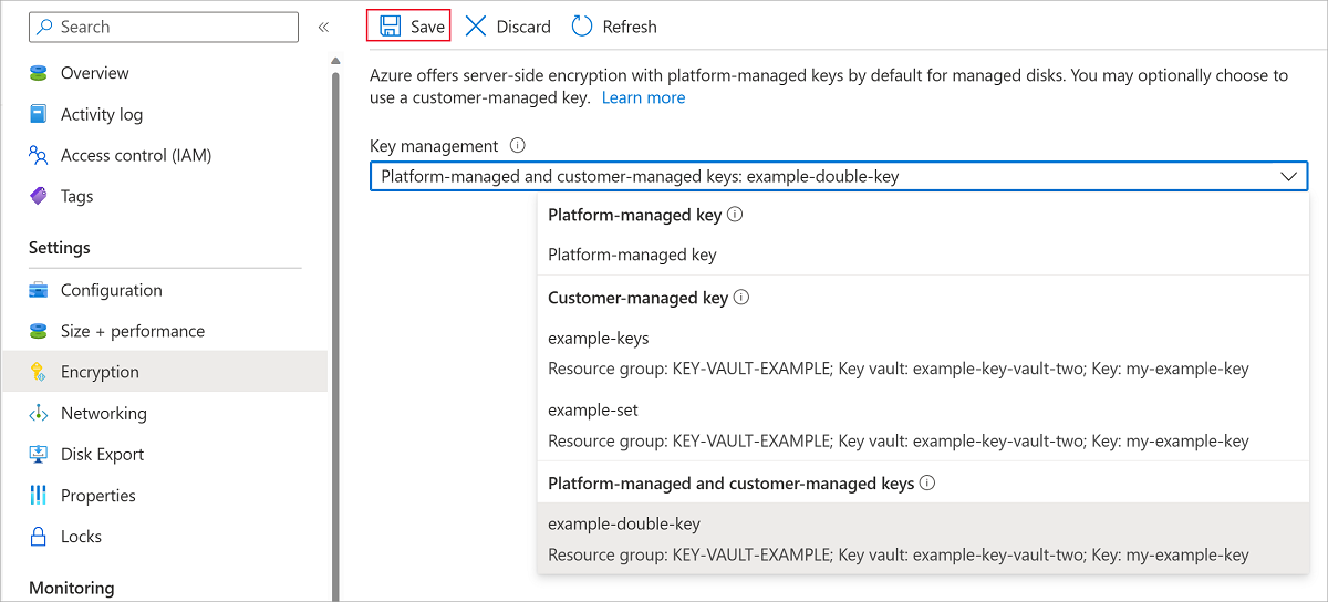 Screenshot of the encryption blade for your managed disk, the aforementioned encryption type is highlighted.