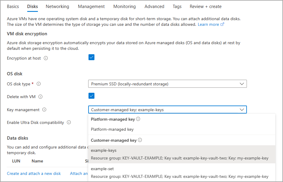 Screenshot of the virtual machine creation disks pane, encryption at host is highlighted, customer-managed keys selected.