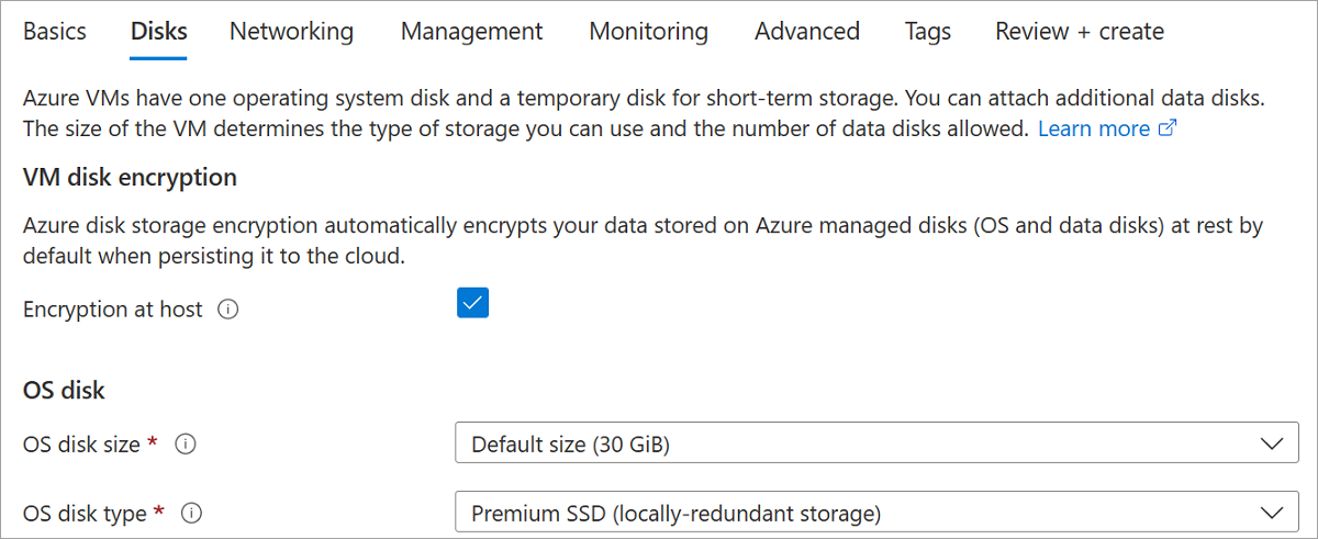 Screenshot of the virtual machine creation disks pane, encryption at host highlighted.