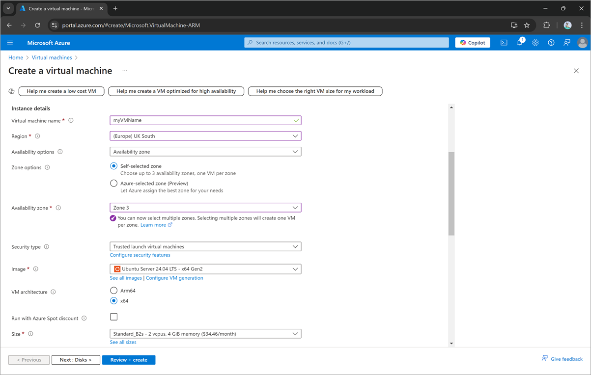 Screenshot of vm creation flow, Basics blade.
