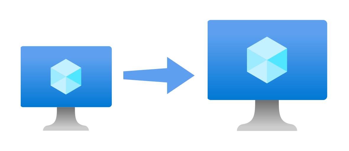 Resizing a VM A diagram showing a smaller Azure VM icon with a growing arrow pointing to a new larger Azure VM icon.