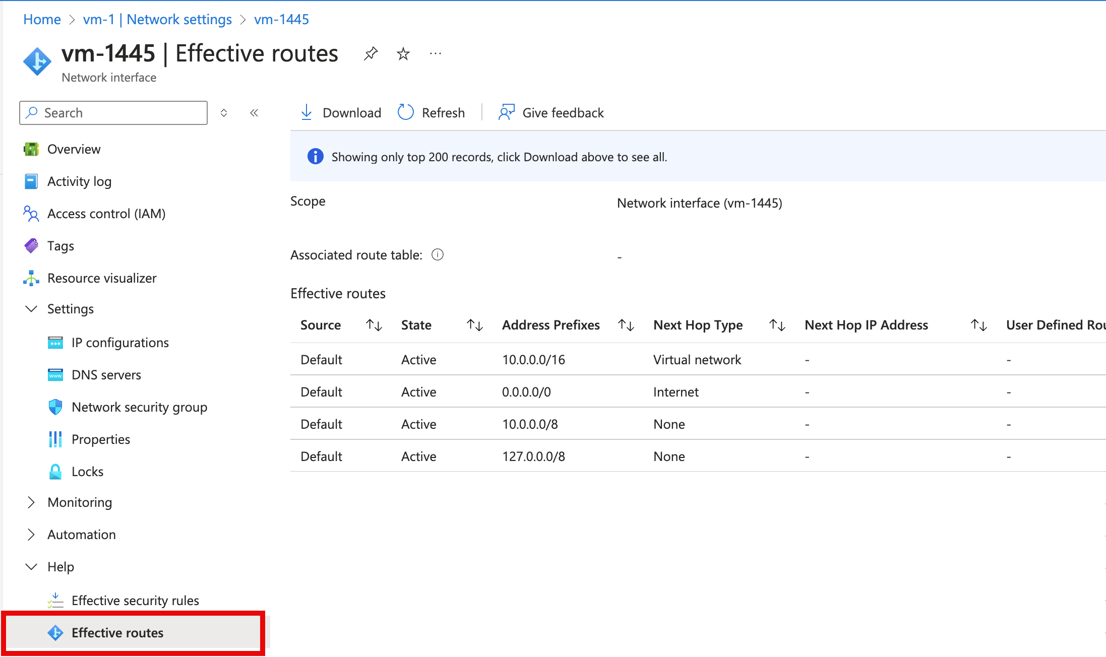 Screenshot of network interface effective routes.