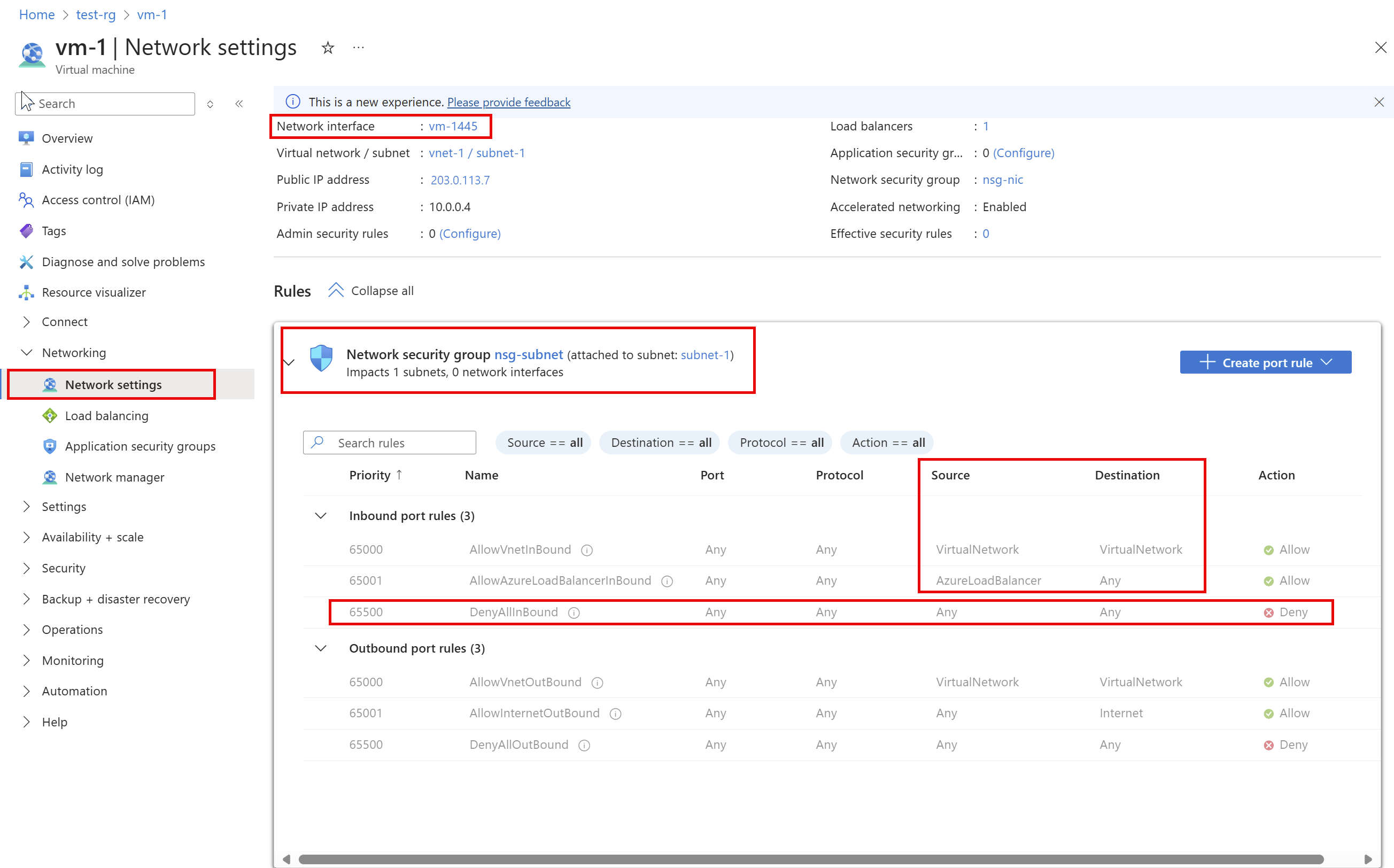 Screenshot of security rules for NSG nsg-subnet.