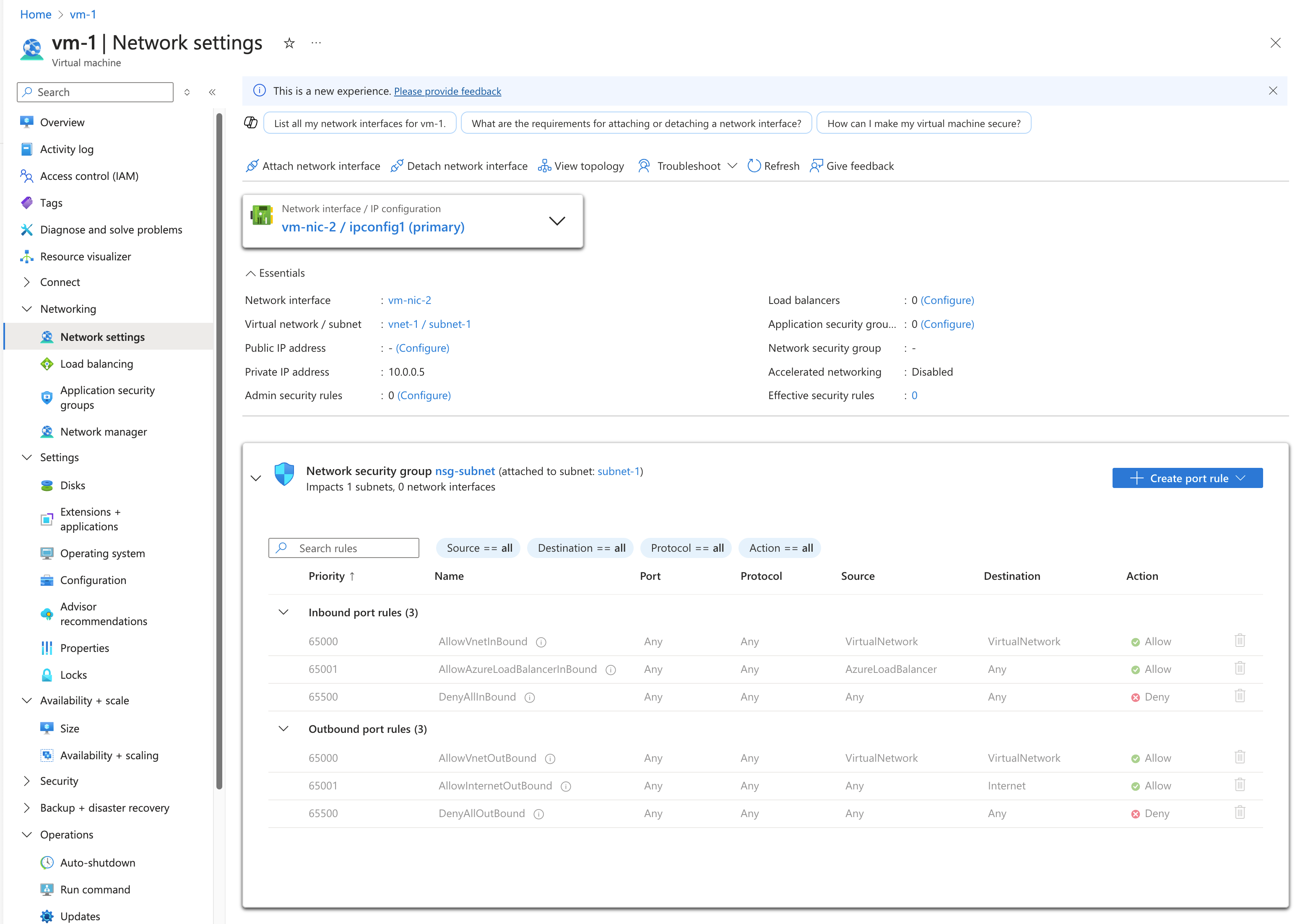 Screenshot of security rules for nic vm-nic-2.