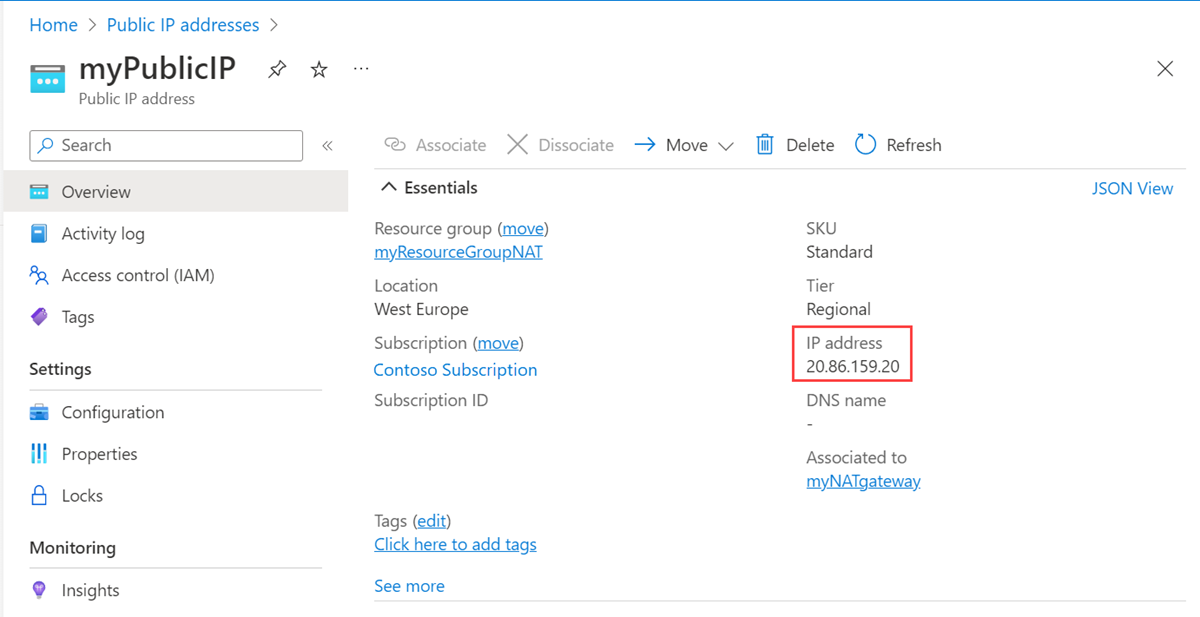 Screenshot of public IP address of NAT gateway.
