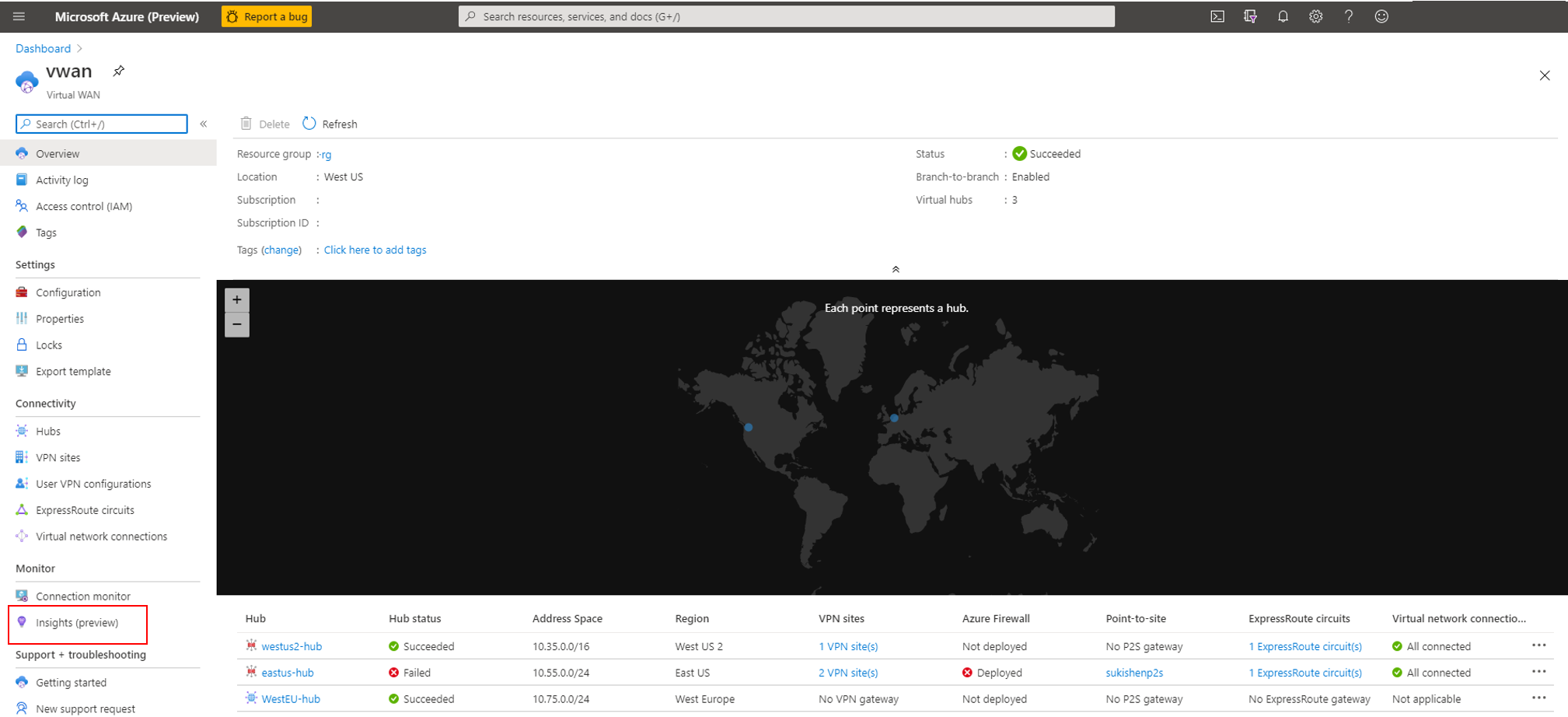 Screenshot that shows the Insights (preview) view.