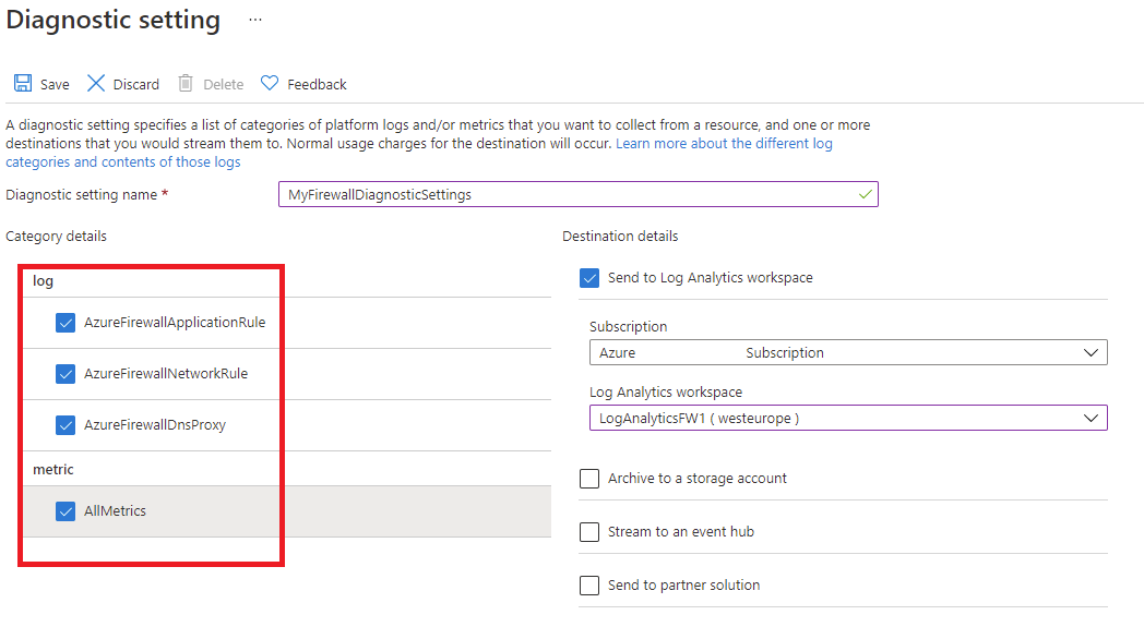 Screenshot shows Firewall diagnostic settings.