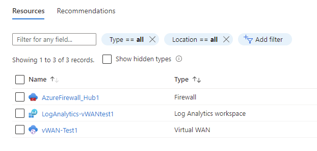 Screenshot shows a Firewall resource in the vWAN hub resource group.