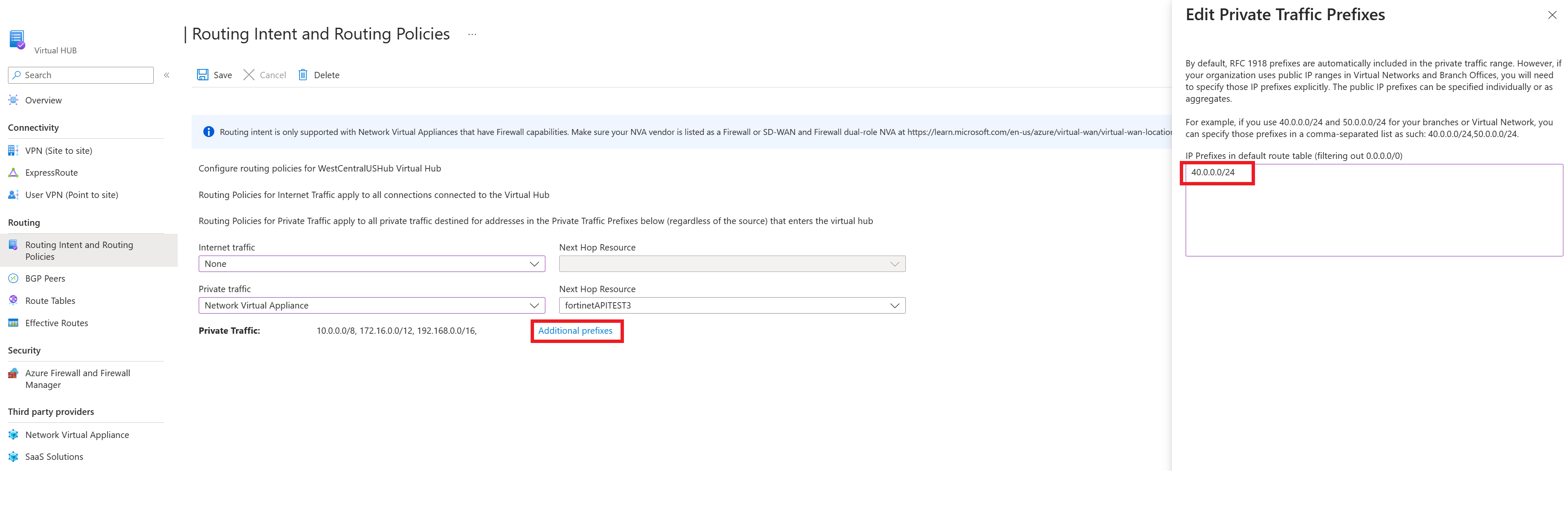 Screenshot showing how to configure additional private prefixes for NVA routing policies.