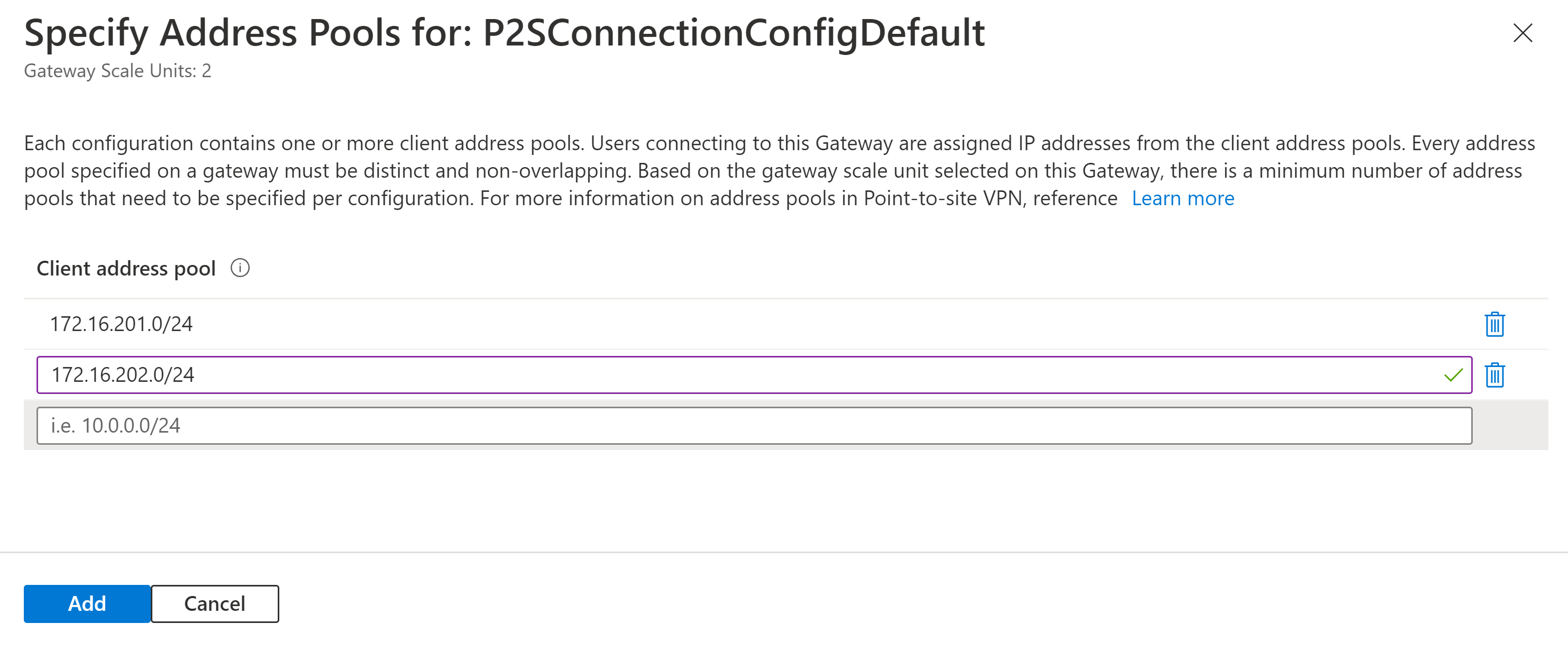 Screenshot of Specify Address Pools page.