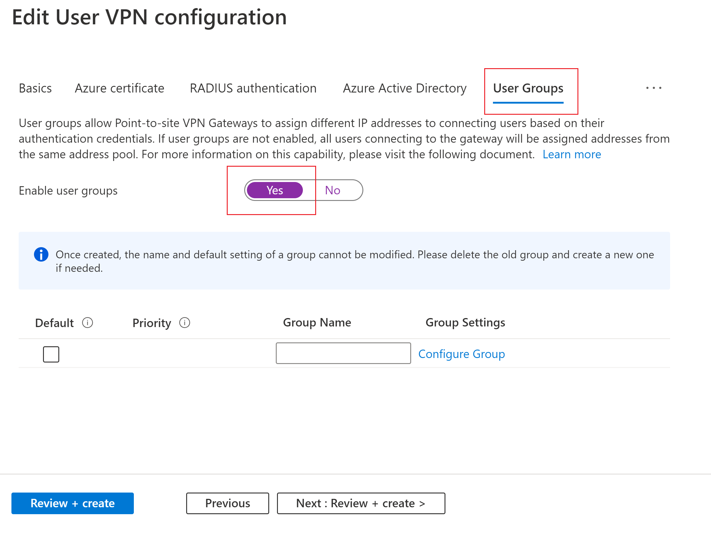Screenshot of enabling User Groups.