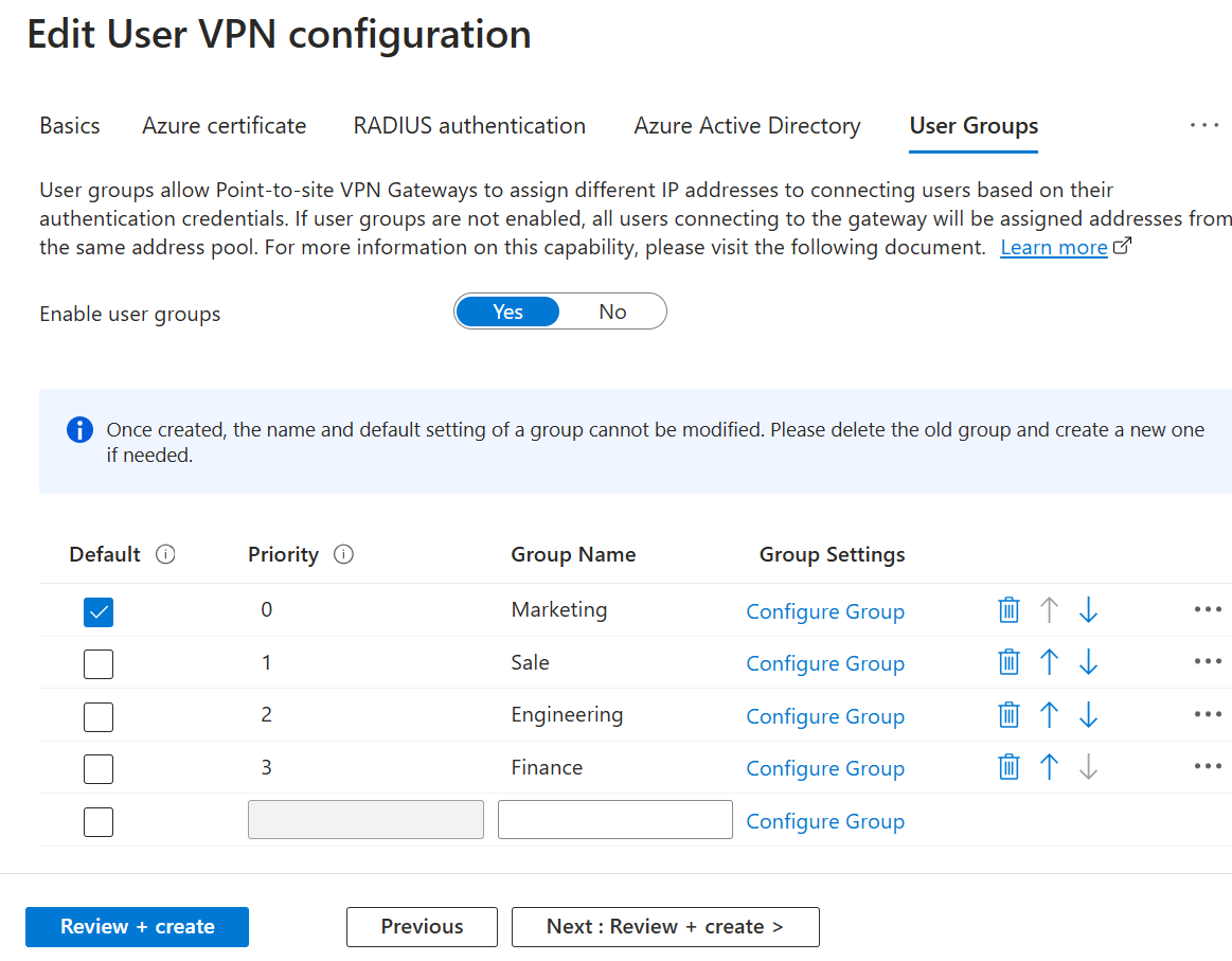 Screenshot of selecting the default group.