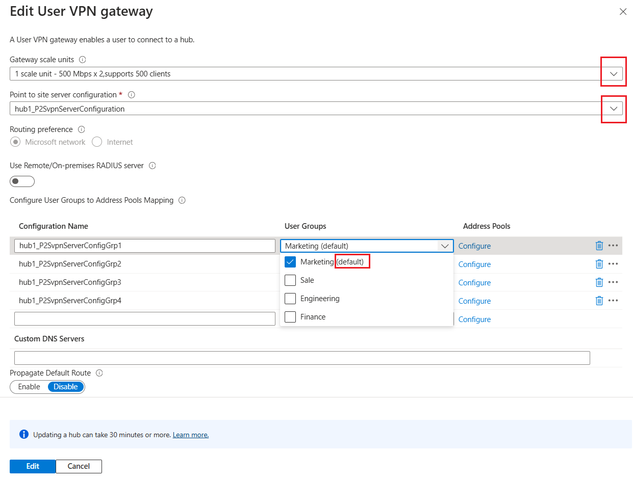 Screenshot of Edit User VPN gateway page with groups selected.