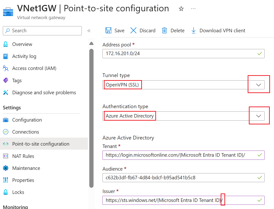 Screenshot showing settings for Tunnel type, Authentication type, and Microsoft Entra ID settings.