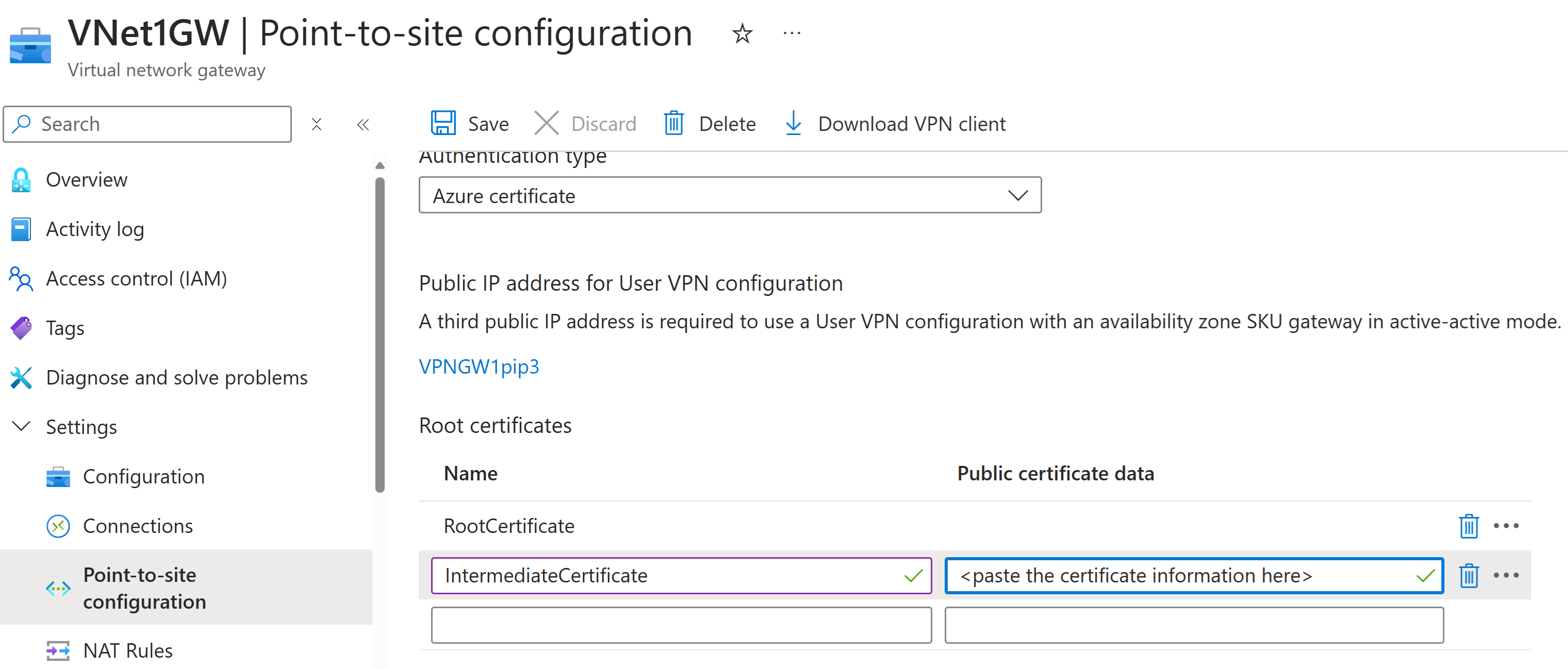 Intermediate certificate for point-to-site configuration.