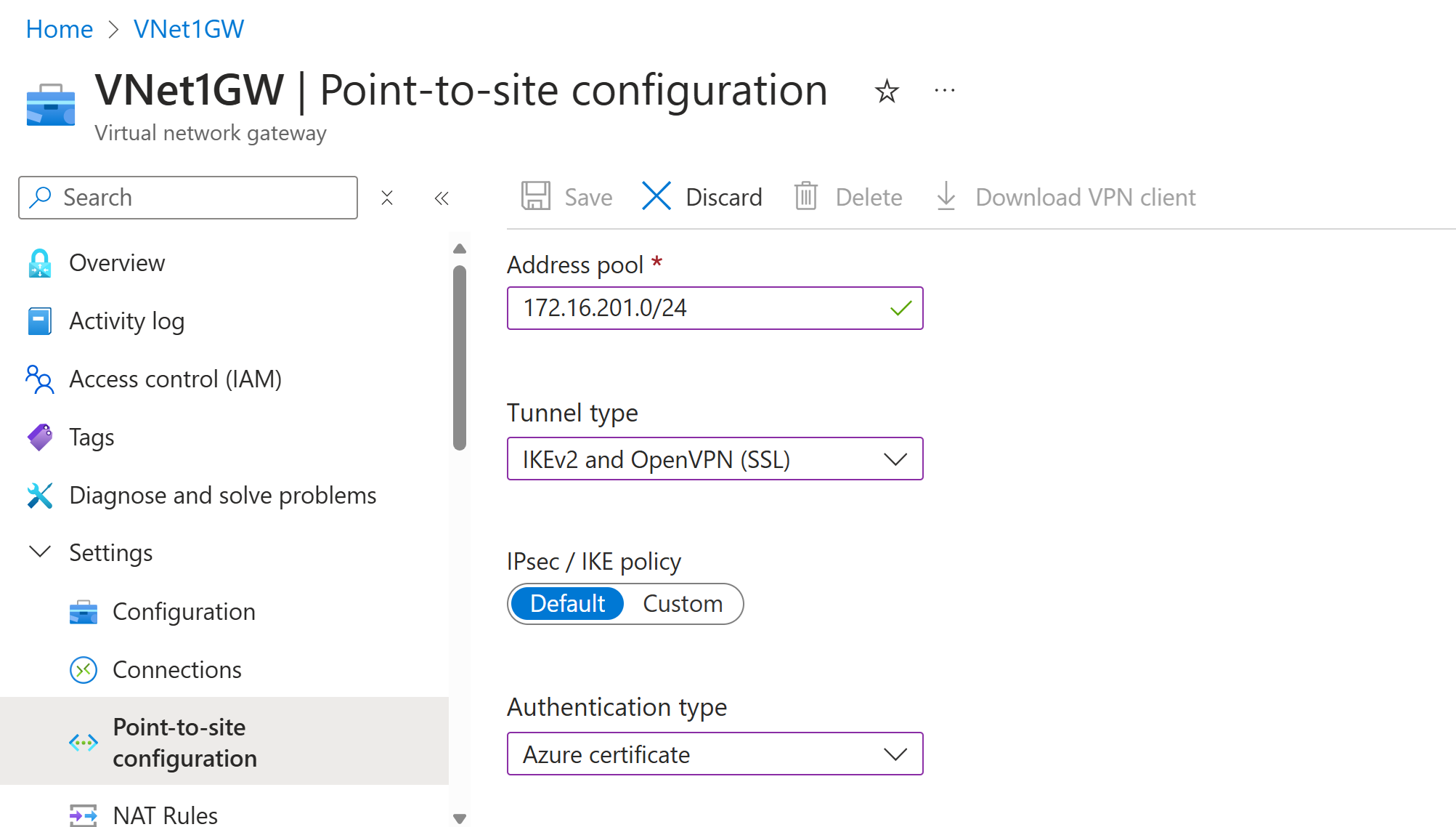 Screenshot of Point-to-site configuration page - authentication type.