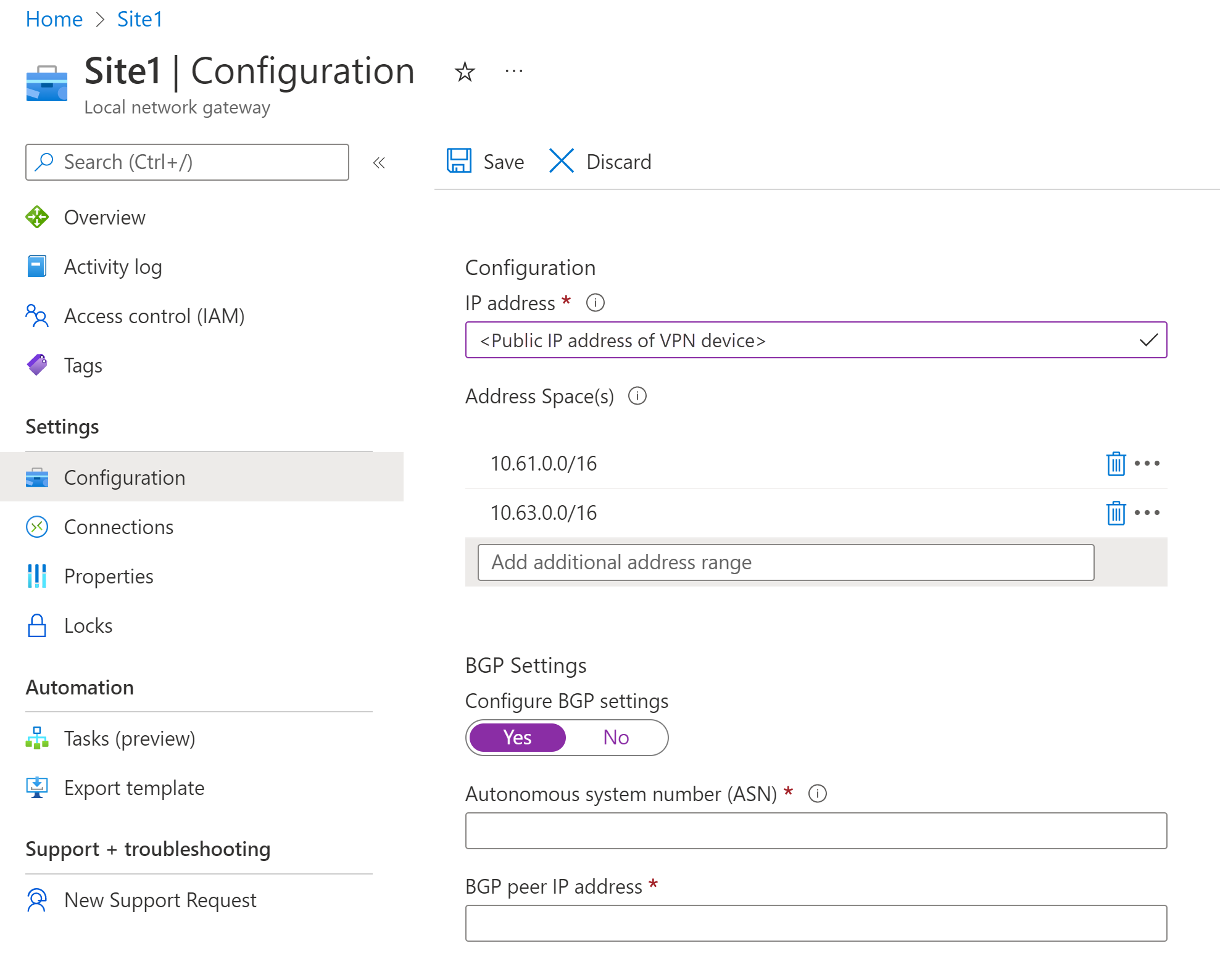 Screenshot of the portal page for local network gateway configuration settings.