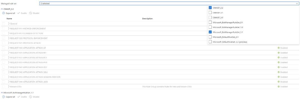 Screenshot show bot protection ruleset.