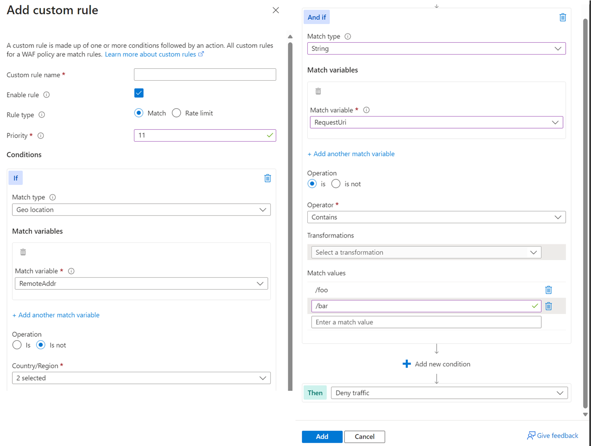 Screenshot showing add custom rule for Application Gateway.