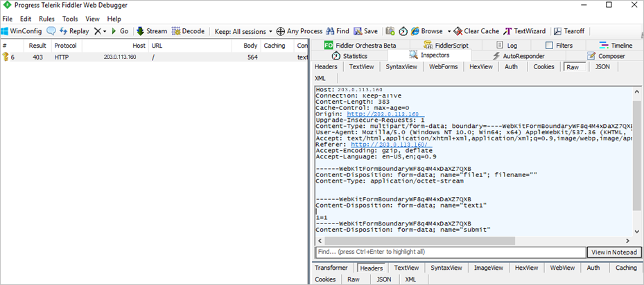 Screenshot of Fiddler Web Debugger. In the Raw tab, 1=1 is visible after the name text1.