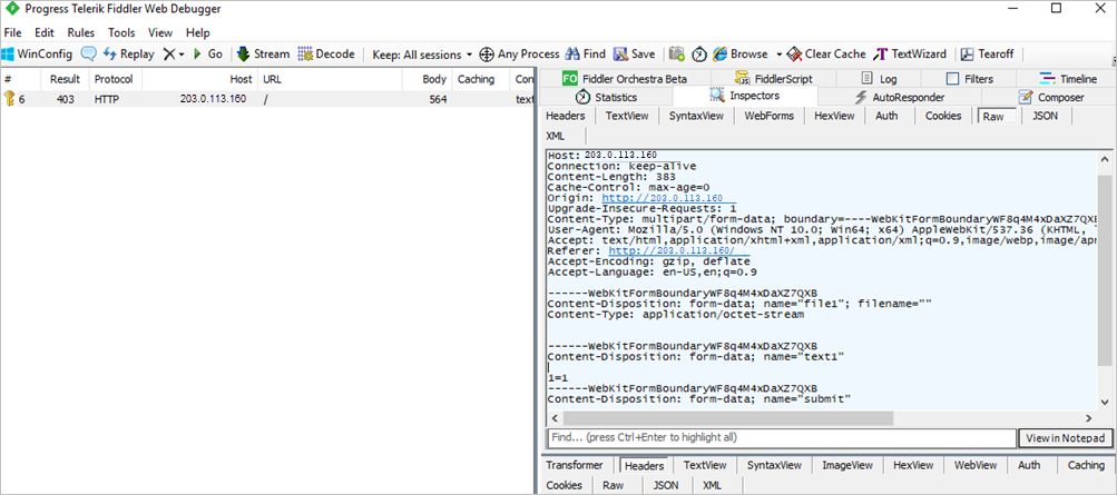 Screenshot of Fiddler Web Debugger. The Raw tab lists request header details like the connection, content-type, and user-agent.