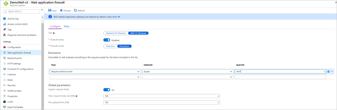 Screenshot that shows how to configure WAF exclusion lists.