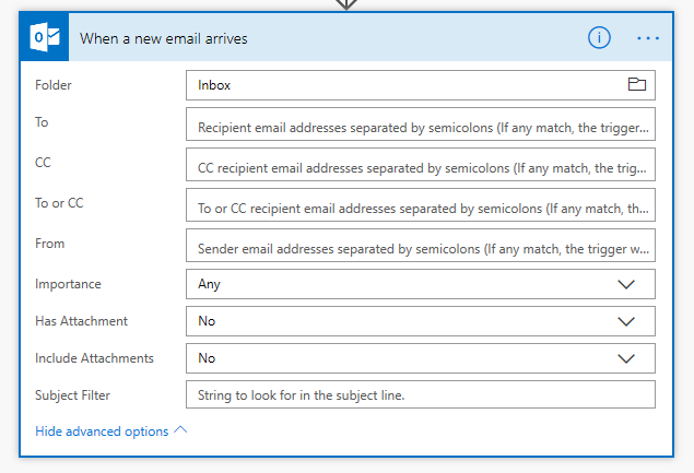 Hide advanced options Screenshot that shows the expanded hidden advanced options.
