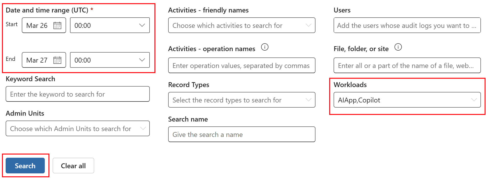In the Microsoft Purview portal audit feature, go to workloads and select some search options.