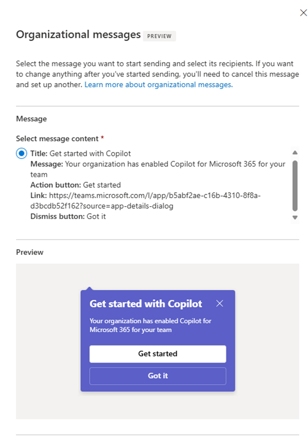 An image of the default organization message for Copilot users.
