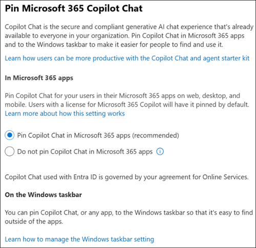 Screenshot of Microsoft 365 admin center showing selected checkbox for Pin Copilot Chat in Microsoft 365 apps setting.