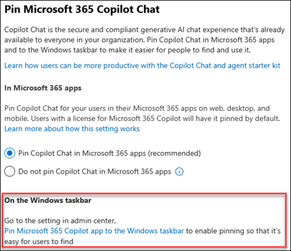 Screenshot showing the link to pin Microsoft 365 Copilot app to the Windows taskbar.
