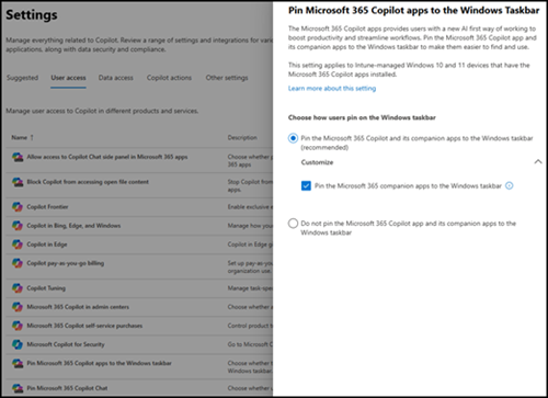Screenshot that shows the toggle to pin Microsoft 365 Copilot and the companion apps to the taskbar.