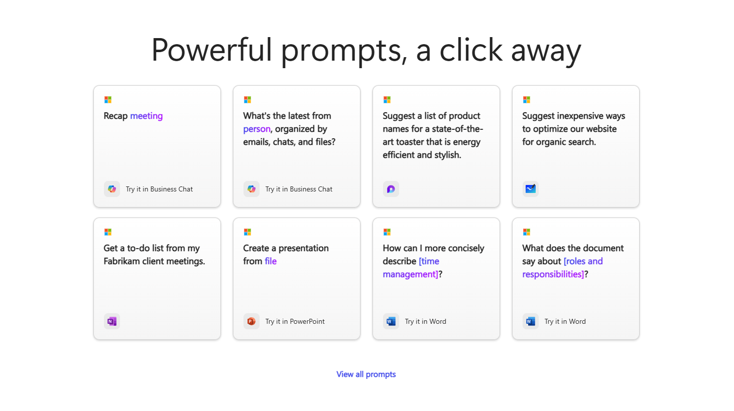 Screenshot showing the prompts available to try in Copilot Prompt Gallery.