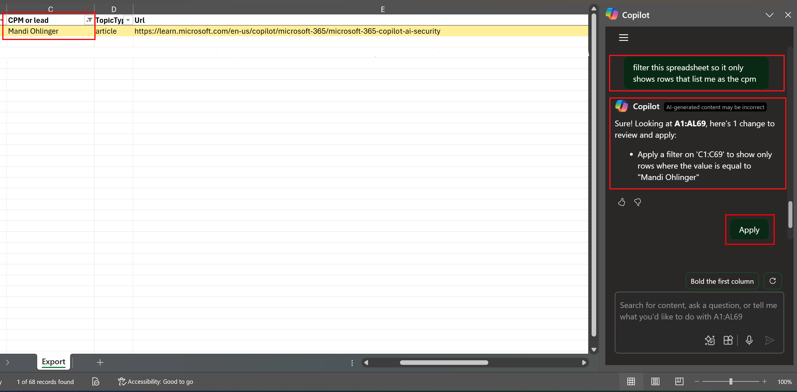Screenshot that shows how to use Microsoft 365 Copilot in Excel to filter and highlight rows.