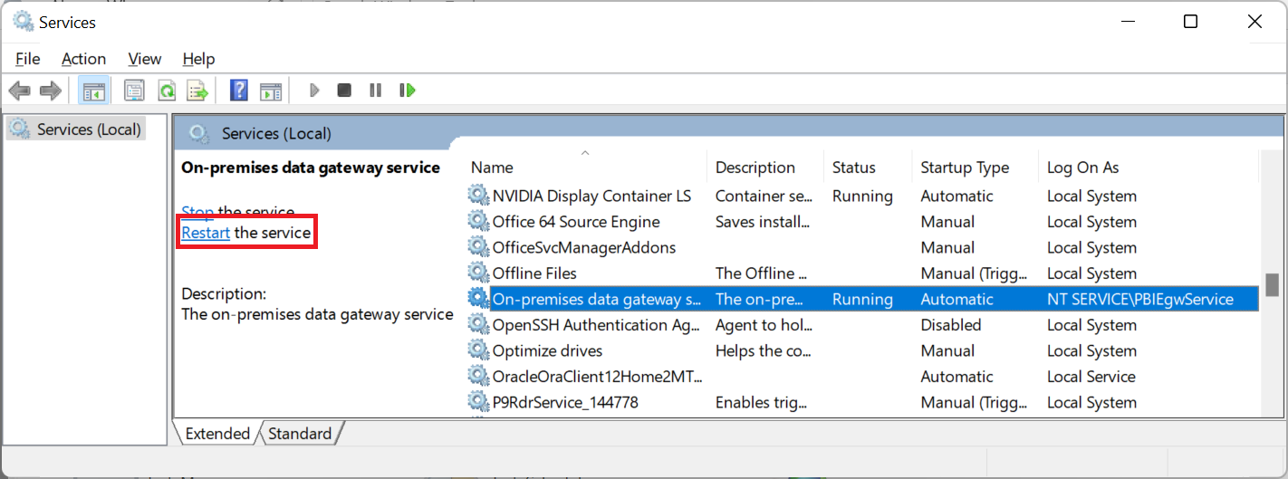 Screenshot of the Windows Services dialog with the on-premises data gateway service emphasized.